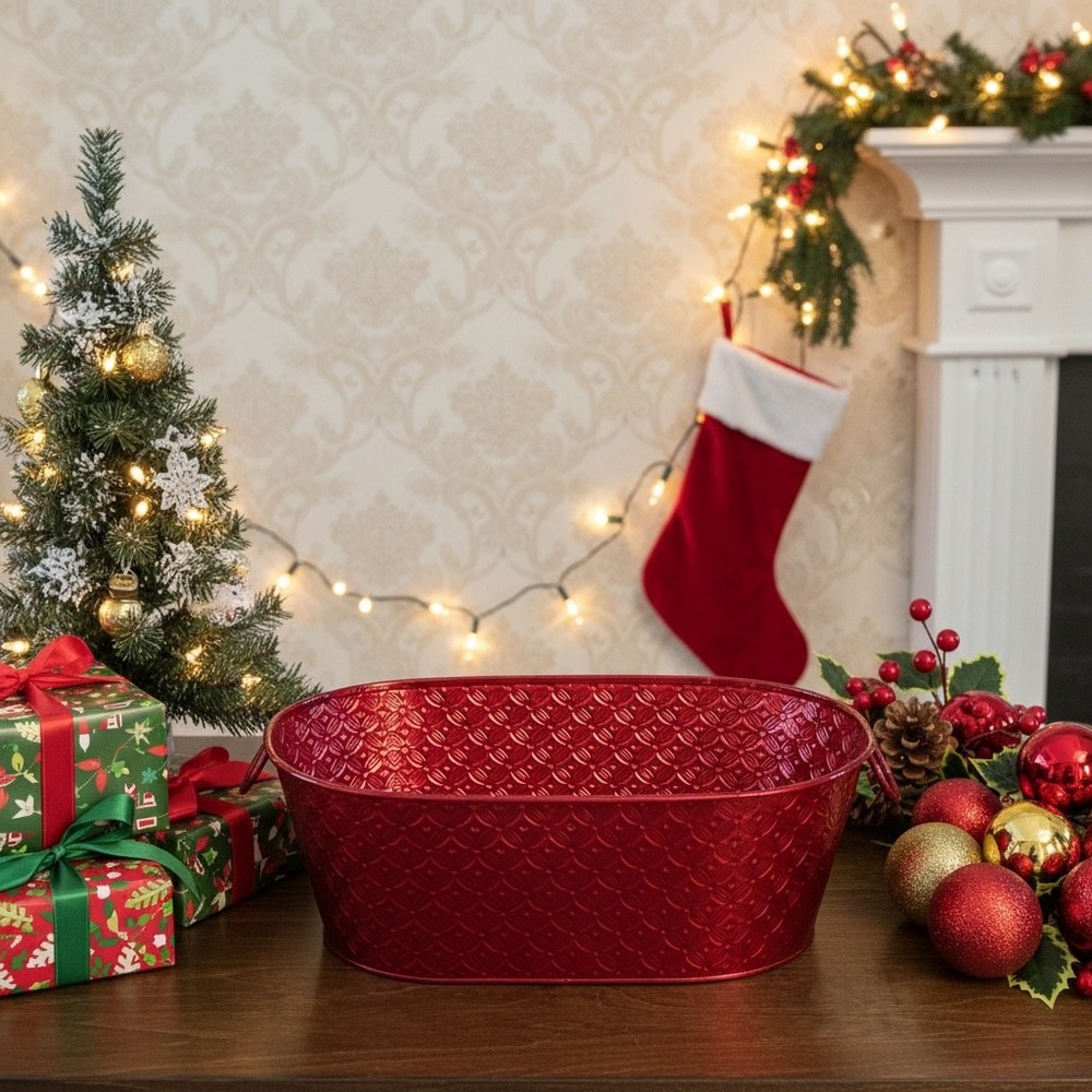 Red Embossed Metal Oval Planter Tub Christmas Holiday Decor Ring Handles 13"